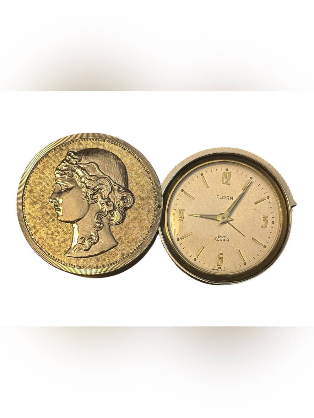Vintage Florn Coin Travel Alarm Clock – Germany – Silver Tone